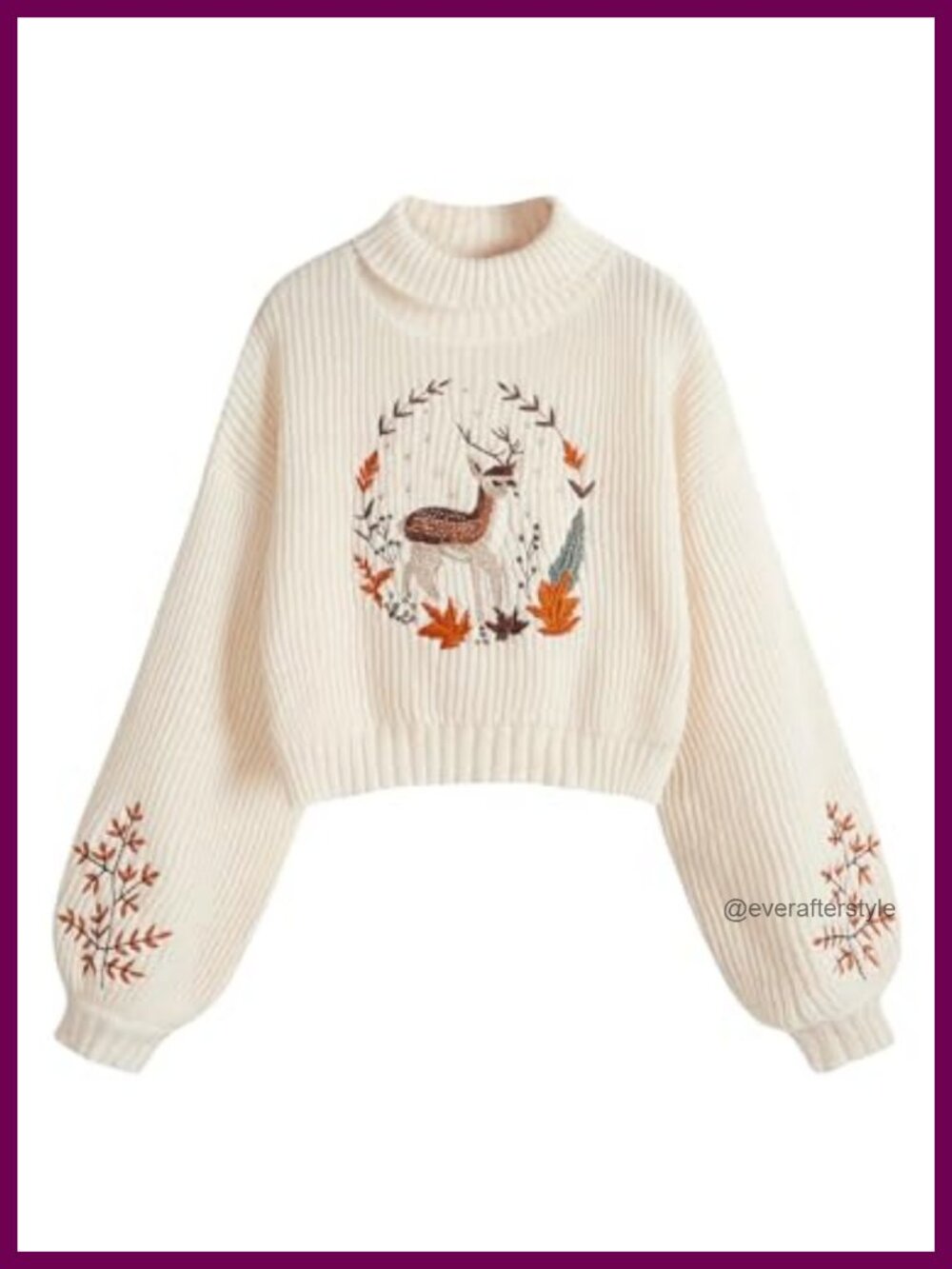 Women's Cottagecore Mock Turtleneck Embroidered Long Lantern Sleeve Loose Fit